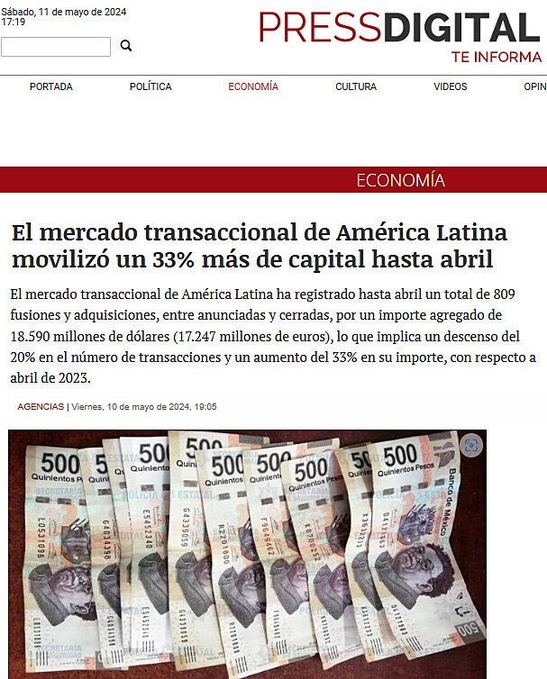 El mercado transaccional de Amrica Latina moviliz un 33% ms de capital hasta abril